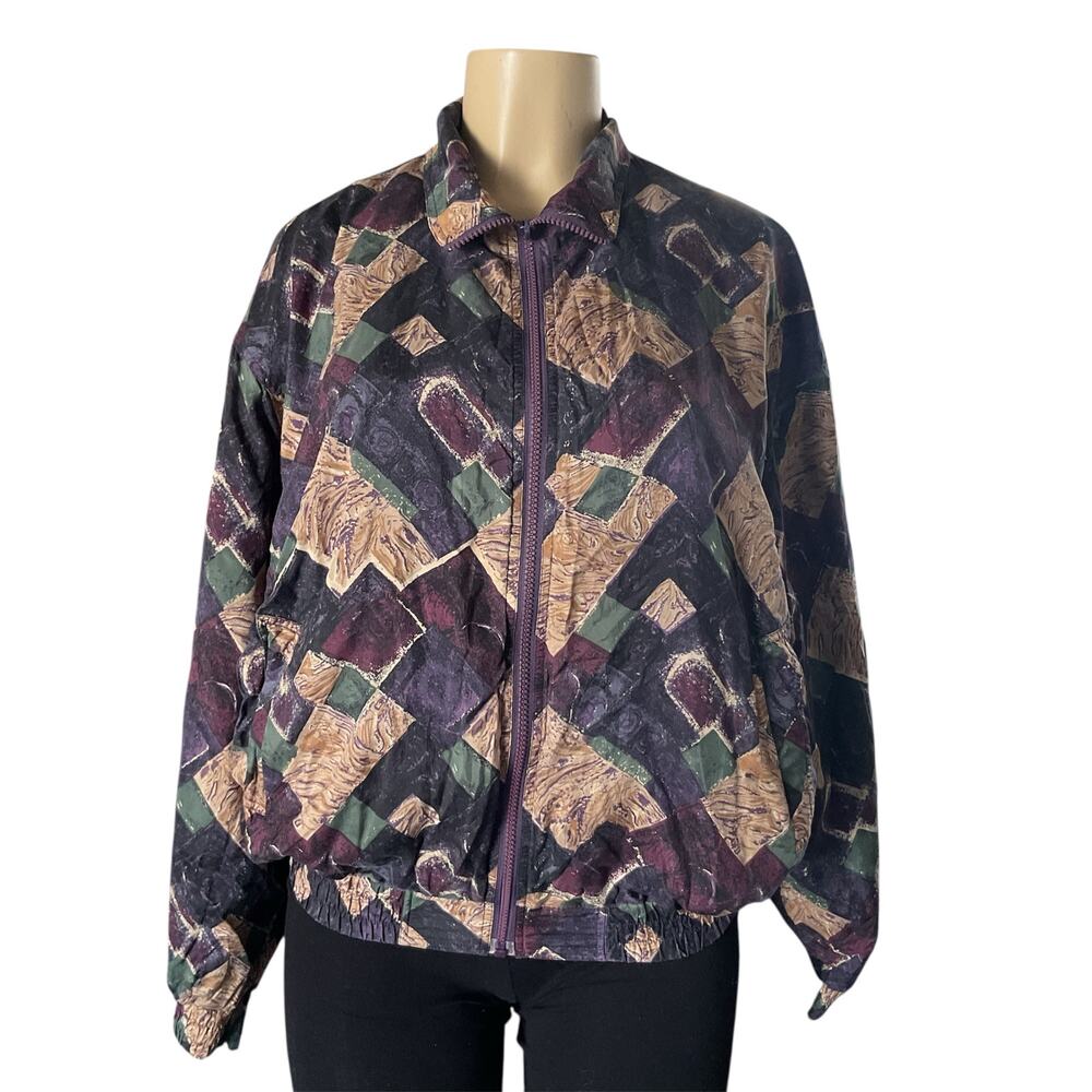Vintage Bomber Jacket Bogari 100% Silk Women’s L Patchwork Print Y2K Retro